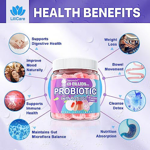 EnvyDeal - Gomas Probióticas Sem Açúcar 60 Bilhões UFC 11 Cepas com Fibras Prebióticas, Gomas Probióticas Recheadas para Saúde Digestiva de Mulheres e Homens, Sabor Pêssego, Auxilia a Constipação