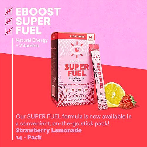 Energético em Pó, Super Fuel – Morango Limonada, 14 Sachês – Mix Energético Pré-Treino em Pó – Energia Natural, L-Tirosina, L-Teanina - EBOOST