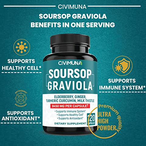 CIVIMUNA - Cápsulas de Extrato de Graviola Soursop | 9450mg | 120 Cápsulas – 4 Meses de Suprimento | Graviola, Sabugueiro e Curcumina de Cúrcuma