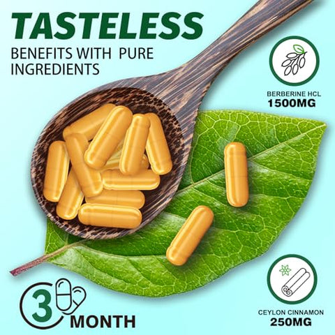 Manewu - Suplemento de Berberina de Alta Potência 1500mg – Complexo Natural de Berberina com Canela do Ceilão e Bergamota Cítrica