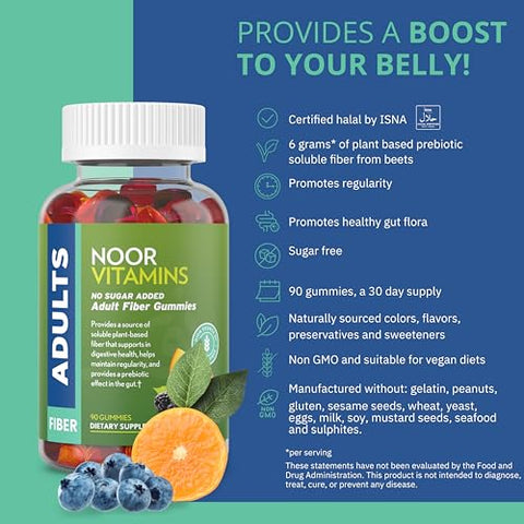 Gomas de Fibra Halal Sem Açúcar para Adultos com Fibra Prebiótica; Não-OGM, Amigável para Veganos, Livre de Gelatina, Goma de Alta Fibra Solúvel para Adultos, Halal - Noor Vitamins