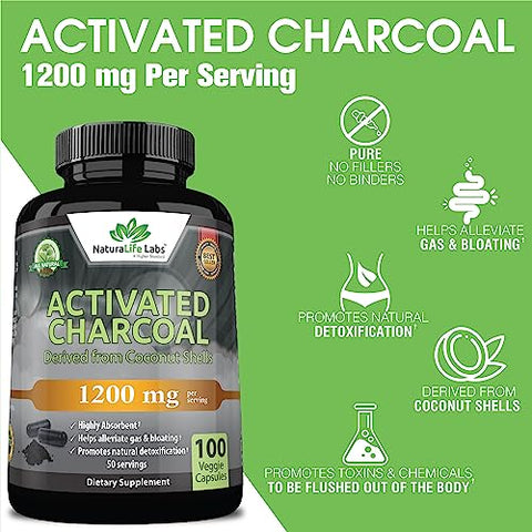 NaturaLife Labs A Higher Standard - Cápsulas de Carvão Ativado – 1.200 mg Altamente Absorvente Ajuda a Aliviar Gases