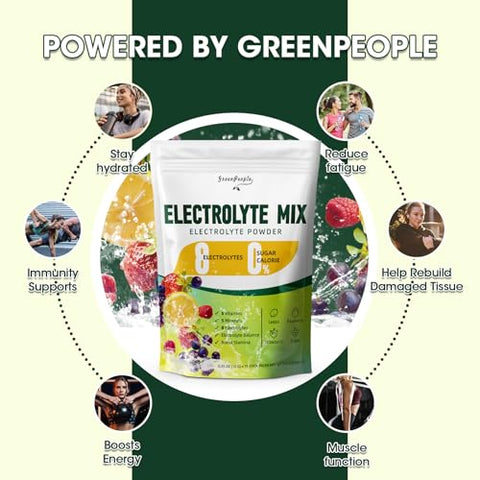 GREENPEOPLE - Pó de Eletrólitos Sem Açúcar – Hidratação Sem Açúcar – Sachês de Eletrólitos com Sabores de Frutas – Mistura para Bebida de Eletrólitos – 8 Eletrólitos 5 Vitaminas