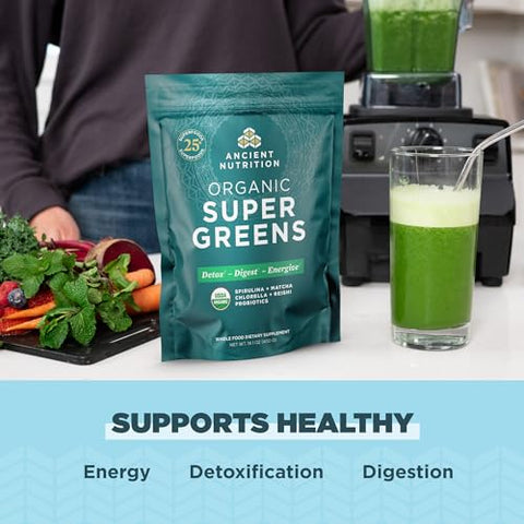 Super Greens em Pó, Superfood Orgânico com Probióticos à base de Spirulina, Chlorella, Matcha e Enzimas Digestivas, 50 Porções, 400g - Ancient Nutrition