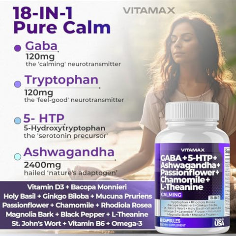Vitamax - GABA 500mg 5 HTP 150mg Ginkgo Biloba L Tryptophan 500mg L Theanine 200mg Ashwagandha 2000mg – Vitaminas Calmantes para Homens e Mulheres – Fabricado nos EUA (60 Unidades)