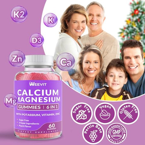 WEEVIT - Gomas de Cálcio Sem Açúcar 600mg, Gomas de Cálcio Magnésio Zinco com Vitamina D3, Potássio, Goma de Cálcio de Alta Absorção para Osso e Dentes