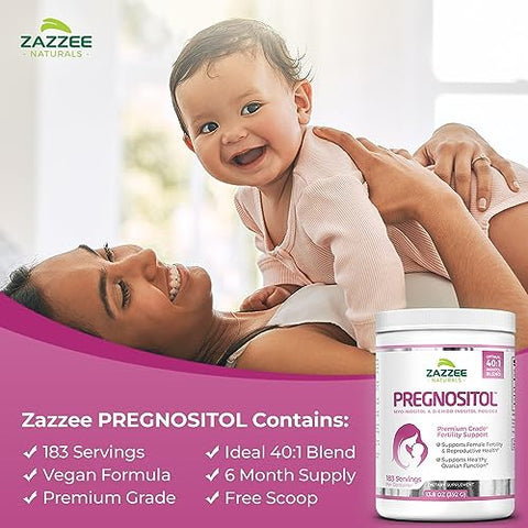 PREGNOSITOL em Pó, Suprimento de 6 Meses, Blend de Fertilidade Myo-Inositol e D-Chiro-Inositol 40:1, Dosagem Exata com Colher Grátis, Fórmula Premium Balanceada, 183 Porções, Vegano - Zazzee
