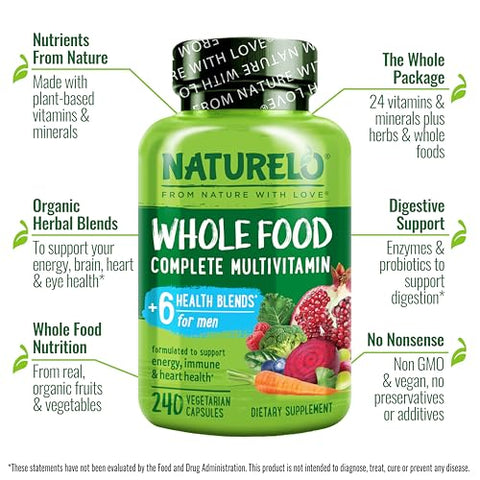 Multivitamínicos Masculinos – Multivitamínico de Alimentos Integrais para Homens com Vitaminas, Minerais – 240 Cápsulas Vegetarianas para Energia, Cérebro, Coração, Saúde Ocular - NATURELO