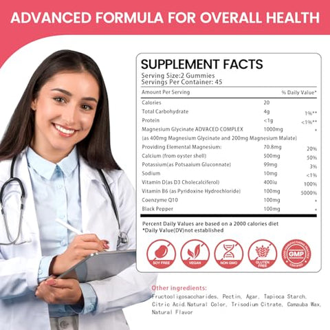 Health4All - Gomas de Magnésio Glicinato 1000mg, Alta Absorção Sem Açúcar, Suplemento de Magnésio e Potássio para Relaxamento, Alívio do Estresse e Suporte ao Sono para Adultos