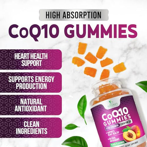 Nature's Nutrition - Gummies de CoQ10 100mg – Suplemento de Coenzima Q10, Antioxidante para Apoio à Saúde Cardíaca