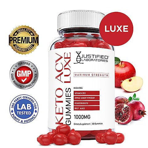 Justified Laboratories - Luxe Keto ACV Gummies 1000MG com Suco de Romã, Beterraba e Vitamina B12 – 60 Gummys (180 Unidades) |