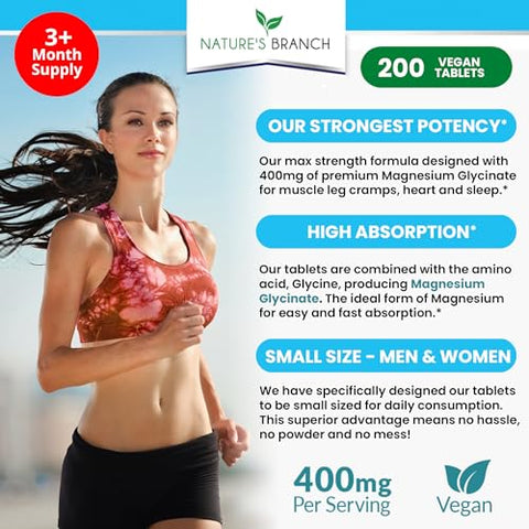 Nature's Branch - Magnésio Glicinato 400 mg – 200 Comprimidos – Alta Absorção, Bisglicinato de Mag Não Tamponado para Sono, Cãibras nas Pernas, Coração, Alívio Muscular, Alivio de Dores de Cabeça para Mulheres e