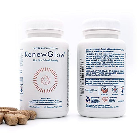Skin Research Institute - Renewglow Biotina – Vegan Friendly – Pele, Unhas e Cabelos Saudáveis – 3 Pack –