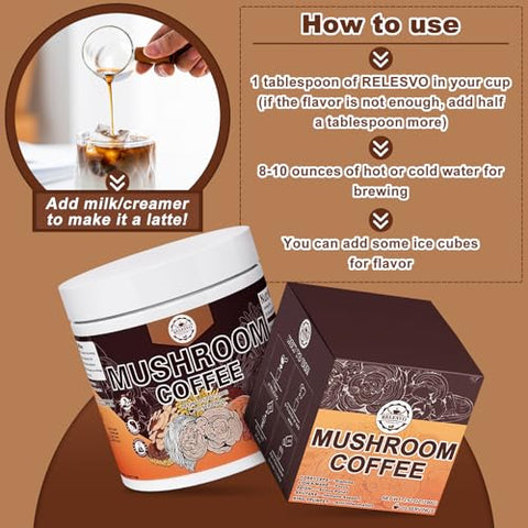 Relesvo - Café de Cogumelo Instantâneo em Pó (20 Porções) com Cordyceps, Reishi, Lion’s Mane, Shiitake, King Trumpet – Energia e Foco