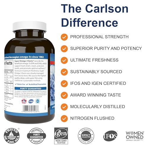 Ômega-3 Super Gems, 1200 mg Ácidos Graxos Ômega-3 com EPA e DHA, Óleo de Peixe Norueguês Selvagem, Cápsulas Sustentáveis 300 Softgels - Carlson