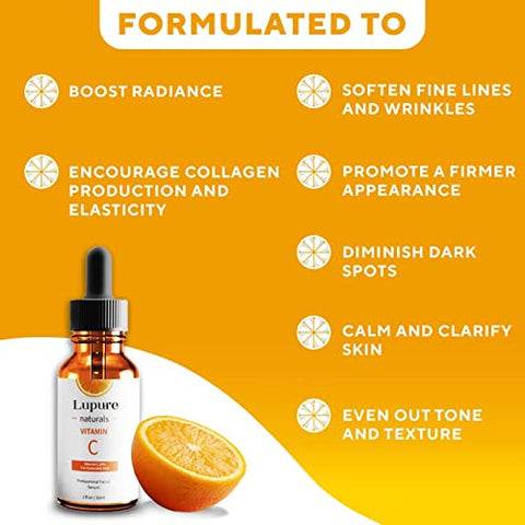 Lupure - Sérum Facial Profissional de Vitamina C 20%, Super Vit C Anti-Envelhecimento com Ácido Hialurônico