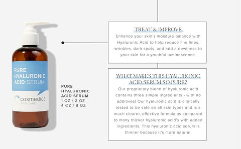 Cosmedica Skincare - Soro de Ácido Hialurônico para a Pele 100% Puro – Soro Anti-Envelhecimento, Hidratação Intensa, Não Oleoso – Ácido Hialurônico para o Rosto 240 ml (8 oz)