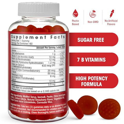 Flamingo Supplements - Gomas de Vitamina B Complexo sem Açúcar – B12, B7, B6, B3 (Niacina), B5, B8, B9 (Ácido Fólico) – Testadas por Terceiros – Pré-Natal, Dieta Vegana, Idosos – Complexo de Vitaminas B