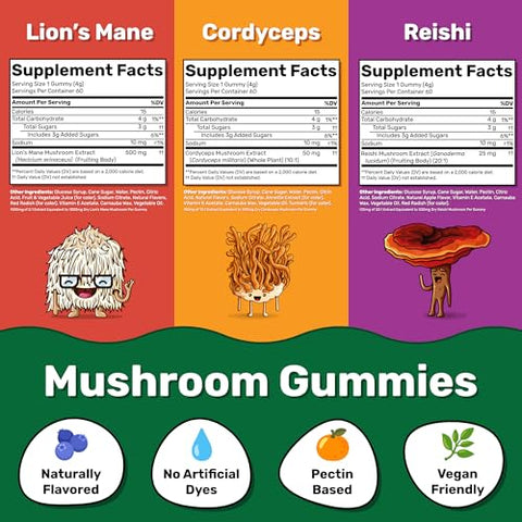 Fungies - Pacote de Gomas de Cogumelo | 180 Porções | Gomas de Cogumelo do Leão para Adultos, Cordyceps | 180 gomas