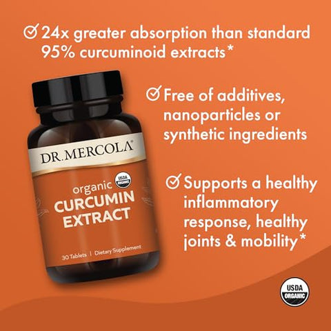 Extrato de Curcumina Orgânica, 30 Porções (30 Comprimidos), Suplemento Alimentar, Apoia uma Resposta Inflamatória Saudável, Não-OGM, Certificado Orgânico pelo USDA - Dr. Mercola