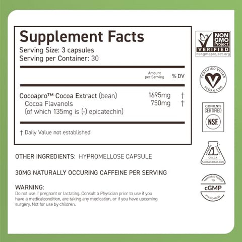 Suplemento de Memória para o Cérebro, Comprovado Clinicamente, Estimulante de Memória e Cérebro à Base de Plantas, Sem Açúcar, Sem Glúten, Vegano, 750 mg Cápsulas de Flavanóis de Cacau, 30 Dias - CocoaVia