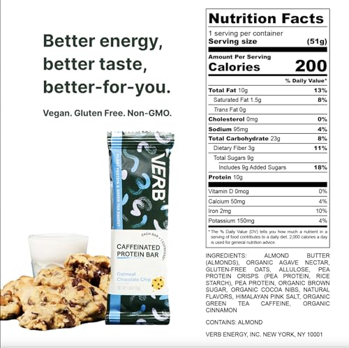 Verb Caffeinated Energy Bar - Verb Energy – Barra de Proteína Cafeinada de Aveia com Gotas de Chocolate – 190 Calorias 6g Açúcar 10g Proteína – Snacks Veganos – Barras de Café da Manhã Sem Glúten com Chá Verde Orgânico, 49g