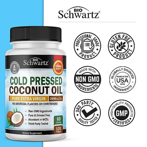 BioSchwartz - Cápsulas de Óleo de Coco 2000mg – Orgânico Puro Extra Virgem Não Refinado Prensado a Frio Rico em TCM