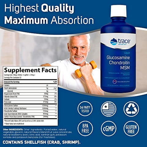 Glucosamina Condroitina MSM Líquida | Suplemento Completo para Estilo de Vida Ativo | Suporta Articulações, Cartilagem e Mobilidade | Sabor Natural de Mirtilo | 32g - Trace Minerals