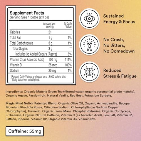 Energy And Focus Drink Shots – Alívio do Estresse, Sem Nervosismo, Ashwagandha, Vitamina B12, Vitamina C, Chá Verde Matcha, Cogumelos Funcionais – 60 ml (15 Pacotes) - Magic Mind