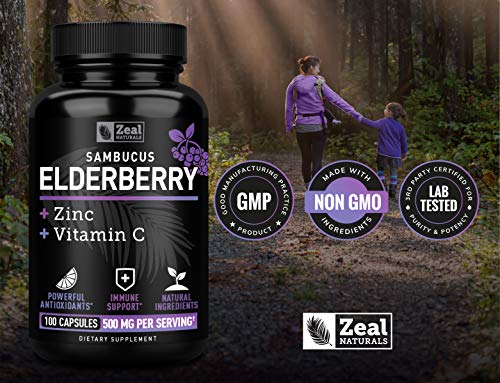 Cápsulas de Sabugueiro Max Strength com Zinco e Vitamina C | 500mg para Suporte ao Sistema Imunológico com Sabugueiro Negro Sambucus | 100 Unidades | Suporte Imunológico 3 em 1 para Adultos - Zeal Naturals