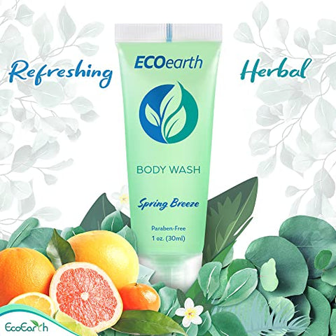 Travel Size Body Wash 1 fl oz (30 ml, 100 PK, Spring Breeze) – Hóspedes Encantados com um Sabonete Revitalizante e Refrescante para Hotéis – Mini e Pequeno Tamanho de Qualidade para Hóspedes - EcoEarth