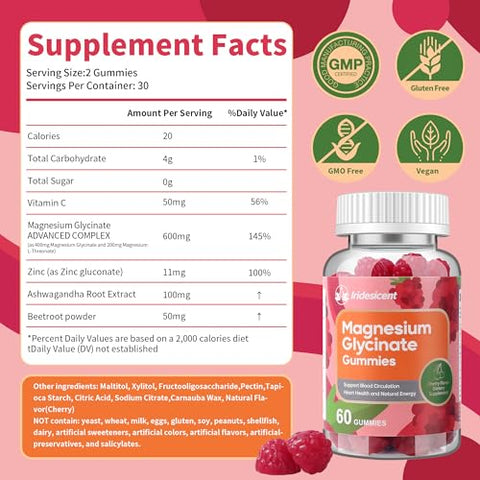IRIDESICENT - Magnesium Glycinate Gummies 400mg – Suplemento de Magnésio Vegano, Sem Açúcar, com Magnésio L-Treonato 200mg, Ashwagandha e Zinco – 120 Unidades de Sabor Cereja