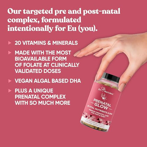 Eu Natural - Vitaminas Pré-Natais Glow para Mulheres – 20 Nutrientes Vitais para uma Gravidez Saudável e Desenvolvimento Fetal – Ácido Fólico