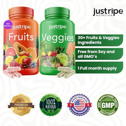 Just Ripe Nutrition - Suplemento de Frutas e Vegetais – 90 Cápsulas de Frutas e 90 Cápsulas de Vegetais (Pacote com 2) – Superfood 100% Natural – Rico em Vitaminas e Minerais – Suporta Níveis de Energia – Feito com Ingredientes Integrais