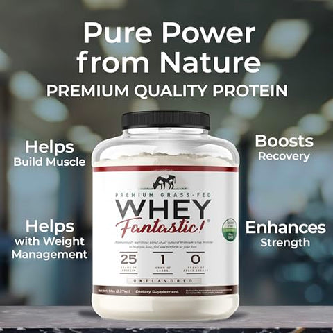 Fantastic Nutrition - Whey Fantastic Unflavored – Pó de Proteína Whey 100% Natural – Mistura Única de 3 Wheys: Isolado, Concentrado – Grass Fed