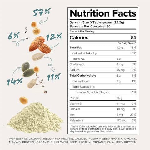 o Orgânico em Pó de Proteína Vegana Sem Sabor (30 Porções) Baixo Carboidrato, Baixa Caloria, Sem Açúcar, Sem Soja, Não-OGM, Sem Glúten, Sem Laticínios – Ervilha Amarela, Semente de Abóbora – 15g - Complement