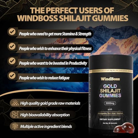 WindBoss - Shilajit Gummies | Shilajit Himalaia Grau Ouro com Ashwagandha e Gokshura para Homens | 60 gomas
