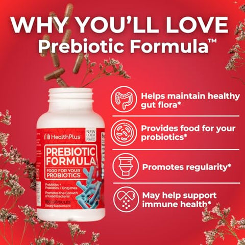 Fórmula Prebiótica Health Plus – Probióticos Enzimas Digestivas – Livre de Glúten, Lactose e Ingredientes Naturais à Base de Ervas (180 Cápsulas, 60 Porções)