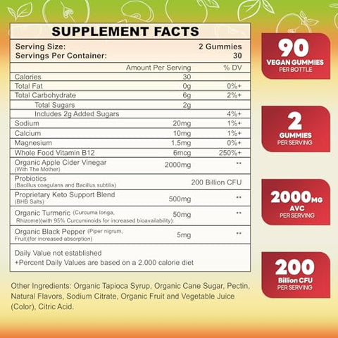 swiss bioenergetics - Gummies de Vinagre de Maçã Keto 90 CT – Keto ACV Gummy Diet Supplement – Orgânico 2000mg ACV Gummies com Probióticos, B12 e Suporte Keto para Mulheres e Homens – Sem Gelatina, Vegano