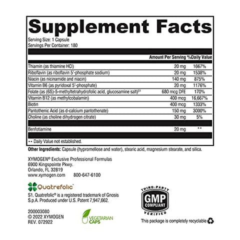 B Activ Complexo de Vitamina B com Benfotiamina, Metilfolato, Biotina, Vitamina B6 – Suplemento Energético Vitamina B12 (Metilcobalamina b12) – Suporte Adrenal Suporte de Humor - XYMOGEN