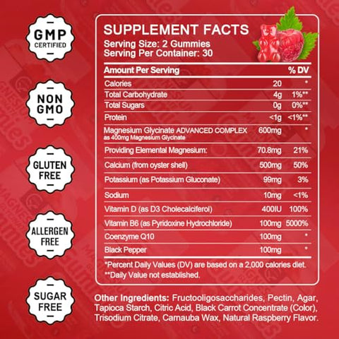 GORNVB - Magnesium Glycinate Gummies 400mg – Suplemento de Magnésio Glicinato em Gomas – Complexo de Magnésio Quelato de Potássio com VitD, B6, CoQ10 – Suporte para Memória, Calma, Humor