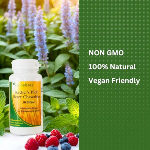 Rachelstea - Chá Rachel’s Turmeric Wild Yam Ginger Marshmallow Camomila, Hortelã-Pimenta, Funcho Slippery Elm Probióticos Sabor de Frutas Mastigável Amigável para Crianças 10 Bilhões Resistente ao Ácido