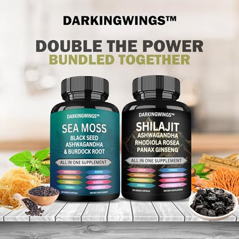 Darkingwings - Combo Shilajit e sea moss – Sea Moss 3000mg, Black Seed Oil 2000mg, Ashwagandha 2000mg, Shilajit 9000mg, Rhodiola Rosea 1000mg, Panax Ginseng 1500mg | sea moss e shilajit