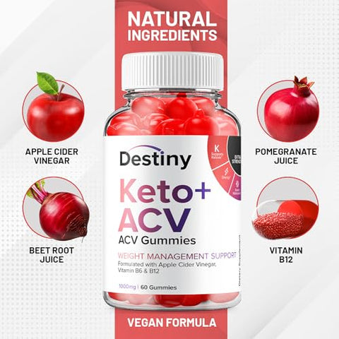 Indelo - Destiny Keto ACV Gummies – Fórmula Avançada Destiny Keto Plus, Gerenciamento de Peso, Suplemento Alimentar ACV Destiny para Homens e Mulheres (60 Gummies)