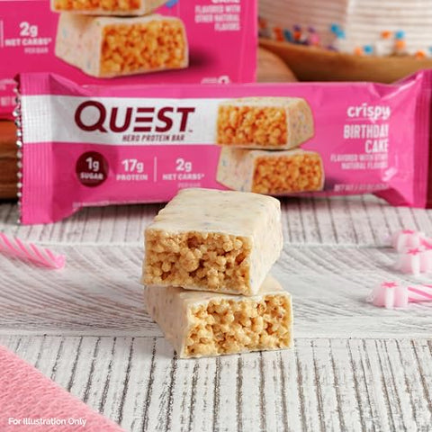 Barra de Proteína Quest Nutrition Crispy Birthday Cake – 17g Proteína, 1g Açúcar, 2g Carboidratos Líquidos, Snack Proteico Sem Glúten, Amigo da Dieta Keto, 12 Unidades