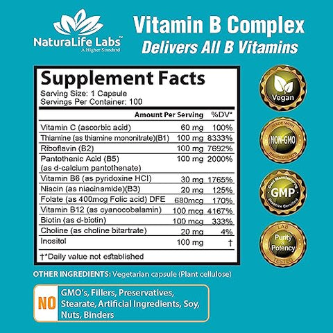 NaturaLife Labs A Higher Standard - Complexo de Vitaminas B com Vitamina C e Ácido Fólico – B12, B1, B2, B3, Ácido Pantotênico Vitamina B5, B6, B7, B9 – Suporte ao Sistema Nervoso 100 Cápsulas Vegetarianas