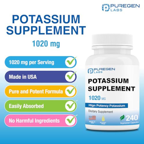 P Puregen Labs - Suplemento de Bicarbonato de Potássio Puregen Labs 1020 mg | Livre de Transgênicos | Sem Glúten | Fabricado nos EUA | 240 Cápsulas Vegetarianas