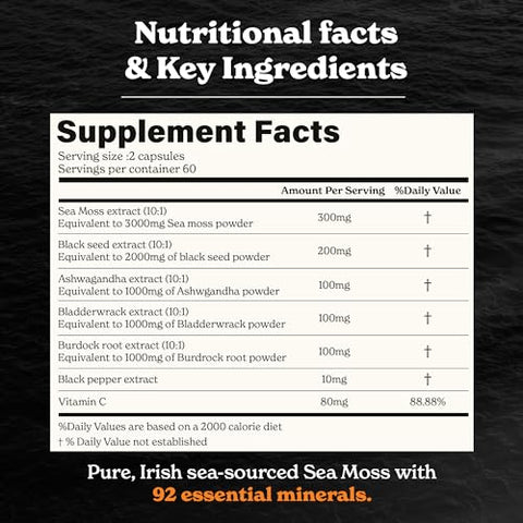 Better Alt - Cápsulas de Sea Moss – Sea Moss Irlandês com Óleo de Semente Preta e Ashwagandha | 100% Natural | 60 cápsulas | 500mg | Aumente sua saúde e vitalidade