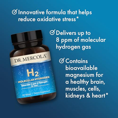 H2 Molecular Hydrogen – 90 Serviços (90 Comprimidos) – Suporte à Saúde Cerebral e Função Cognitiva – Não OGM - Dr. Mercola