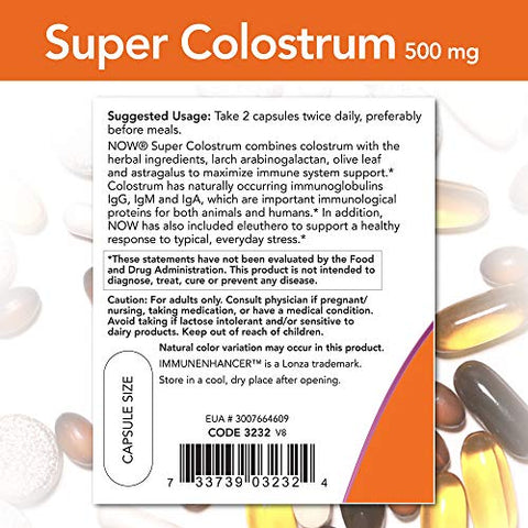 Suplementos, Super Colostrum 500 mg, Imunoglobulinas naturalmente presentes com ImmunEnhancer™, Extrato de Folha de Oliveira e Raiz de Astragalus, 90 Cápsulas Vegetais - NOW Foods